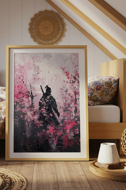 Cherry Blossom Samurai Print - Impressionist Pink Sakura Poster | Samurai Legacy