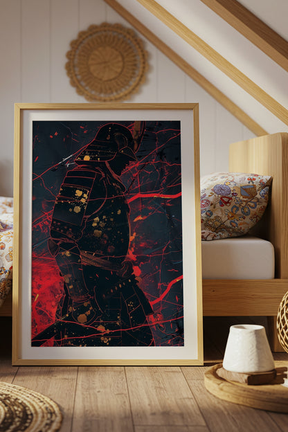 Crimson Line Samurai Armor Poster - Abstract Gold Print | Samurai Legacy