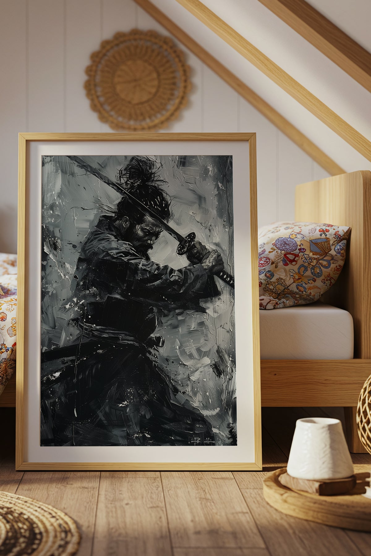 Monochromatic Katana Samurai Poster - Impasto Art Print | Samurai Legacy