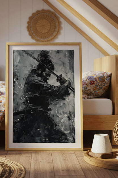 Monochromatic Katana Samurai Poster - Impasto Art Print | Samurai Legacy