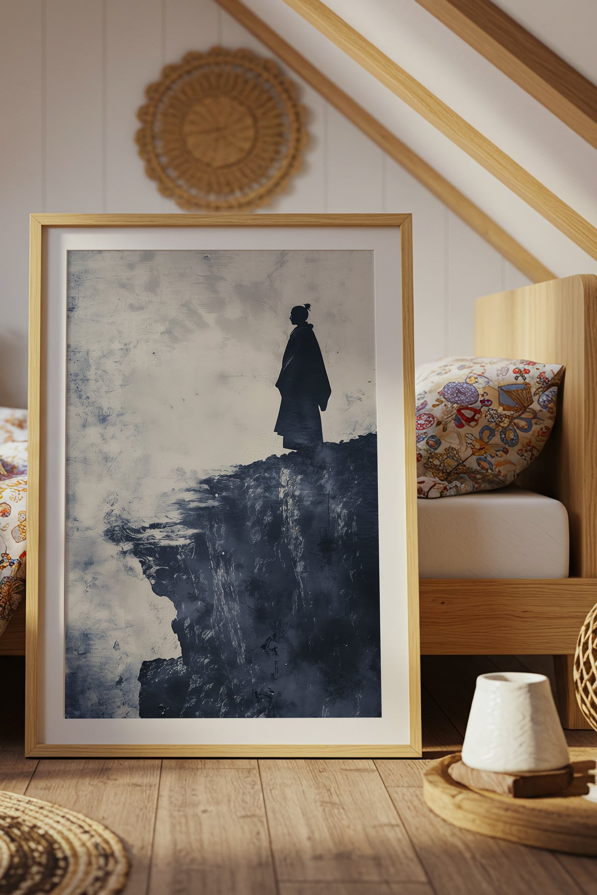 Cliffside Samurai Print - Slate Blue Ink Wash Poster | Samurai Legacy