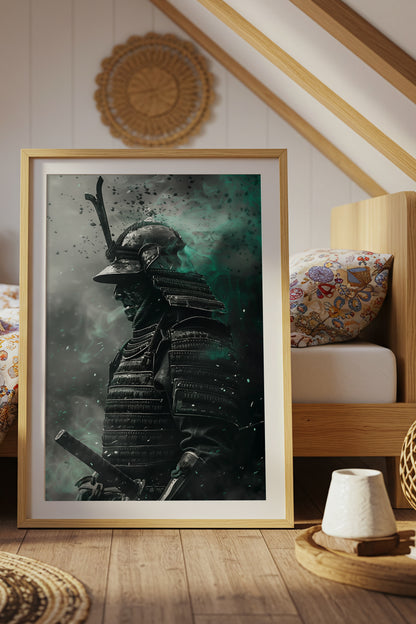 Emerald Ember Samurai Print - Dark Jade Aura Poster | Samurai Legacy