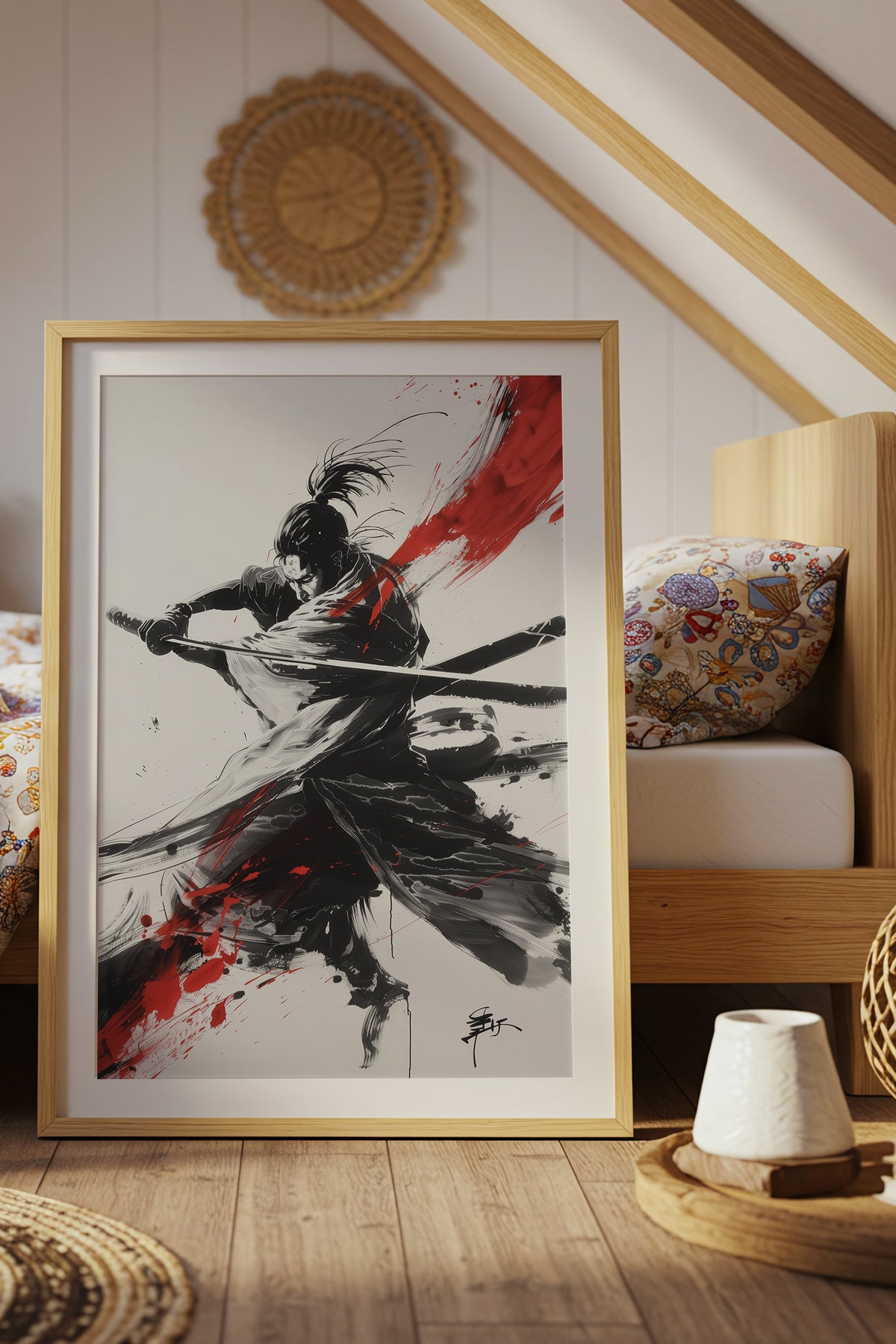 Crimson Arc Samurai Katana Print - Ink Wash Poster | Samurai Legacy
