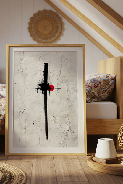 Katana Sword Red Sun Wall Art - Minimalist Ink Poster | Samurai Legacy