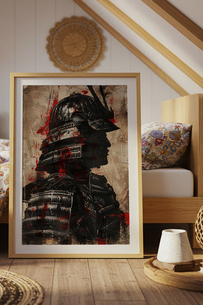 Crimson Splatter Kabuto Samurai Print - Vintage Art | Samurai Legacy