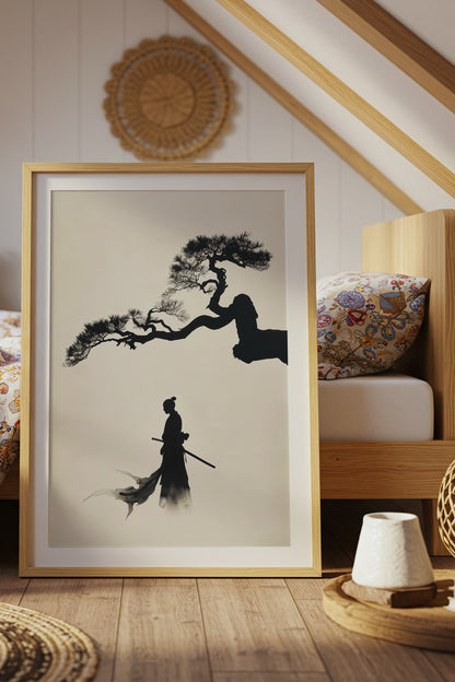 Pine Tree Samurai Art Print - Minimalist Ink Wash Poster | Samurai Legacy