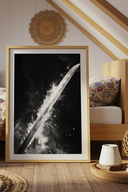 Glowing Katana Blade Print - Monochromatic Smoke Poster | Samurai Legacy