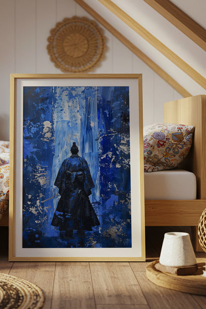 Cobalt Blue Samurai Print - Silver Impasto Poster | Samurai Legacy