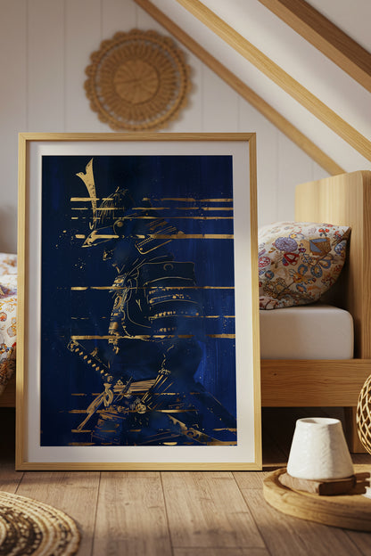 Indigo Gold Samurai Print - Navy Gilded Art Poster | Samurai Legacy