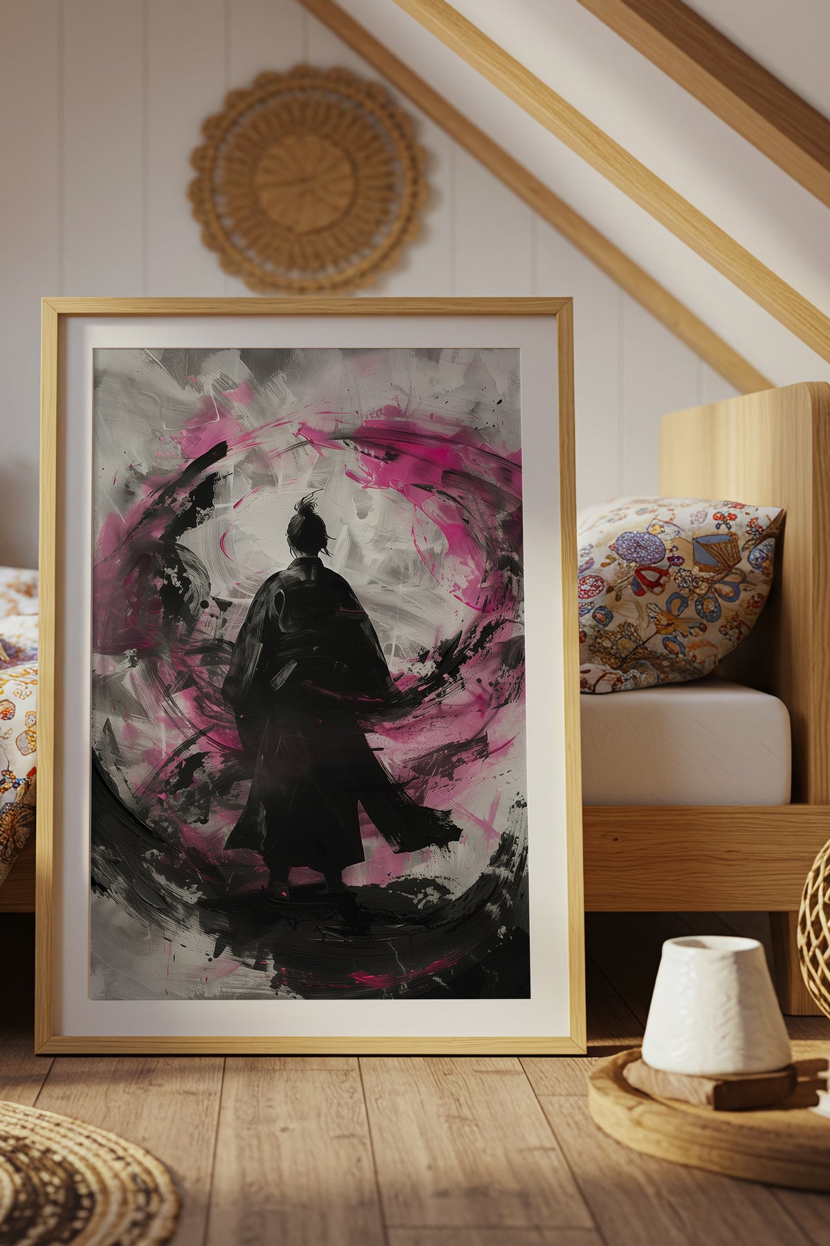 Silent Focus Lone Samurai Print - Expressionist Pink Ink Art | Samurai Legacy