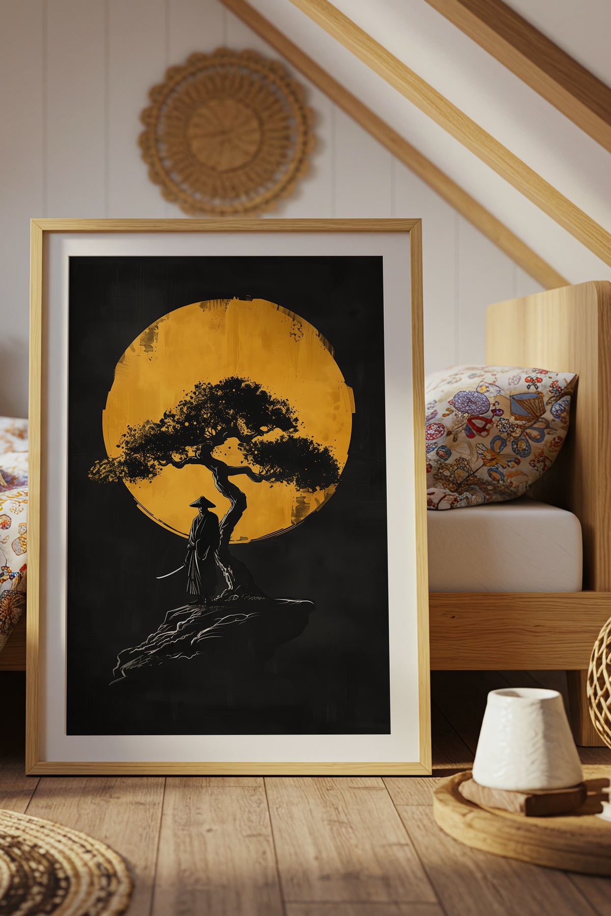 Lone Moonlit Samurai Bonsai Print - Abstract Gold & Black Zen Landscape | Samurai Legacy
