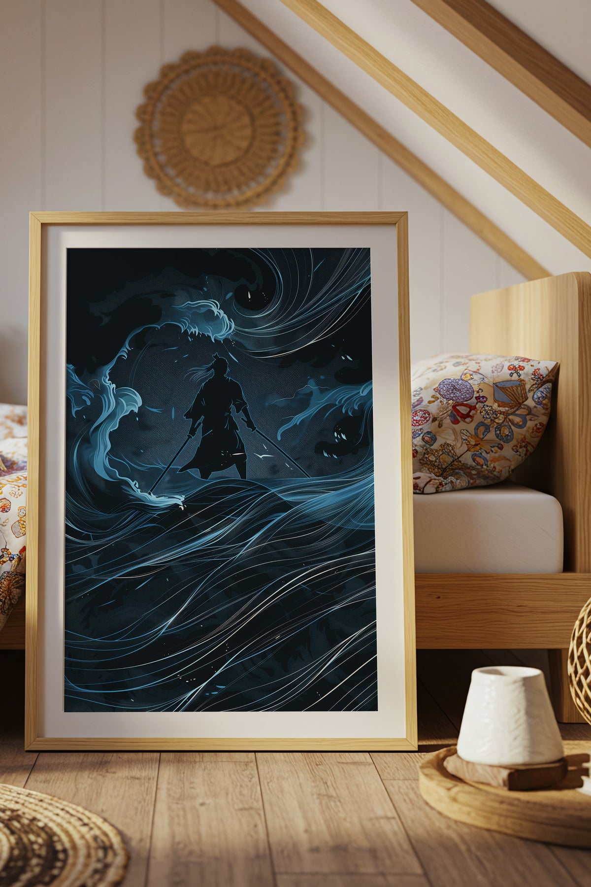 Lone Samurai Blue Ocean Print - Abstract Wave Art | Samurai Legacy