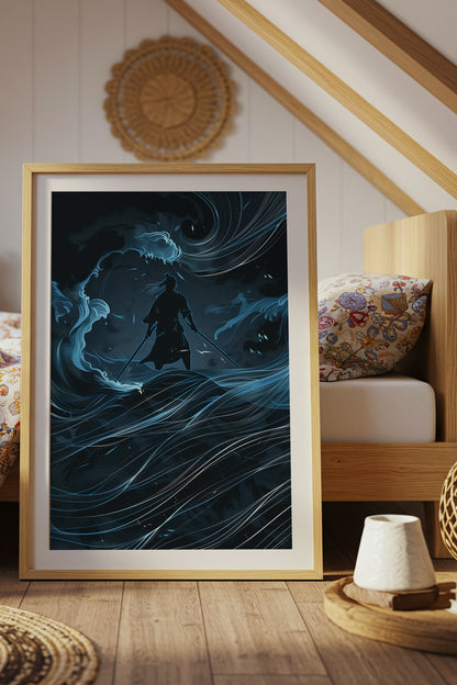 Lone Samurai Blue Ocean Print - Abstract Wave Art | Samurai Legacy