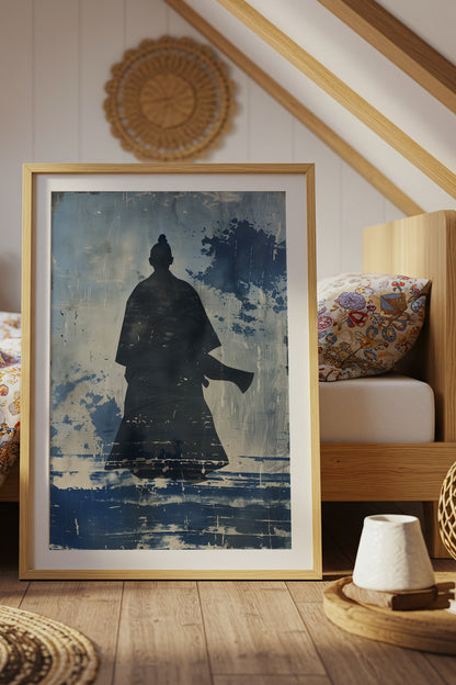 Lone Samurai Silhouette Print - Blue Ink Wabi-Sabi Art | Samurai Legacy