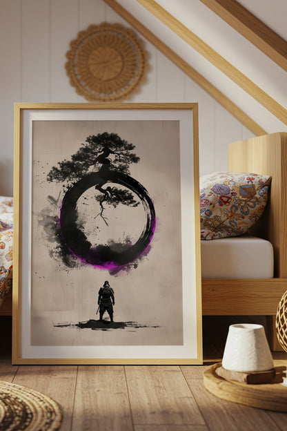 Zen Enso Circle Samurai Print - Violet Ink Pine Tree Decor | Samurai Legacy