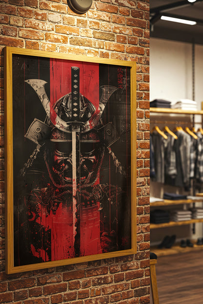 Crimson Katana Kabuto Poster - Graphic Samurai Print | Samurai Legacy