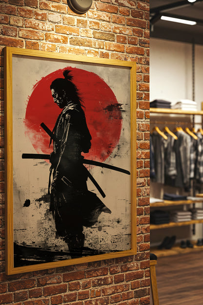 Red Sun Samurai Art Print - Vintage Sumi Ink Poster | Samurai Legacy