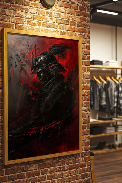 Crimson Samurai Helmet Profile Print - Dark Impasto Art | Samurai Legacy