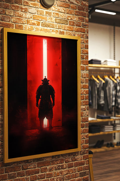 Red Portal Samurai Armor Print - Minimal Light Beam Art | Samurai Legacy
