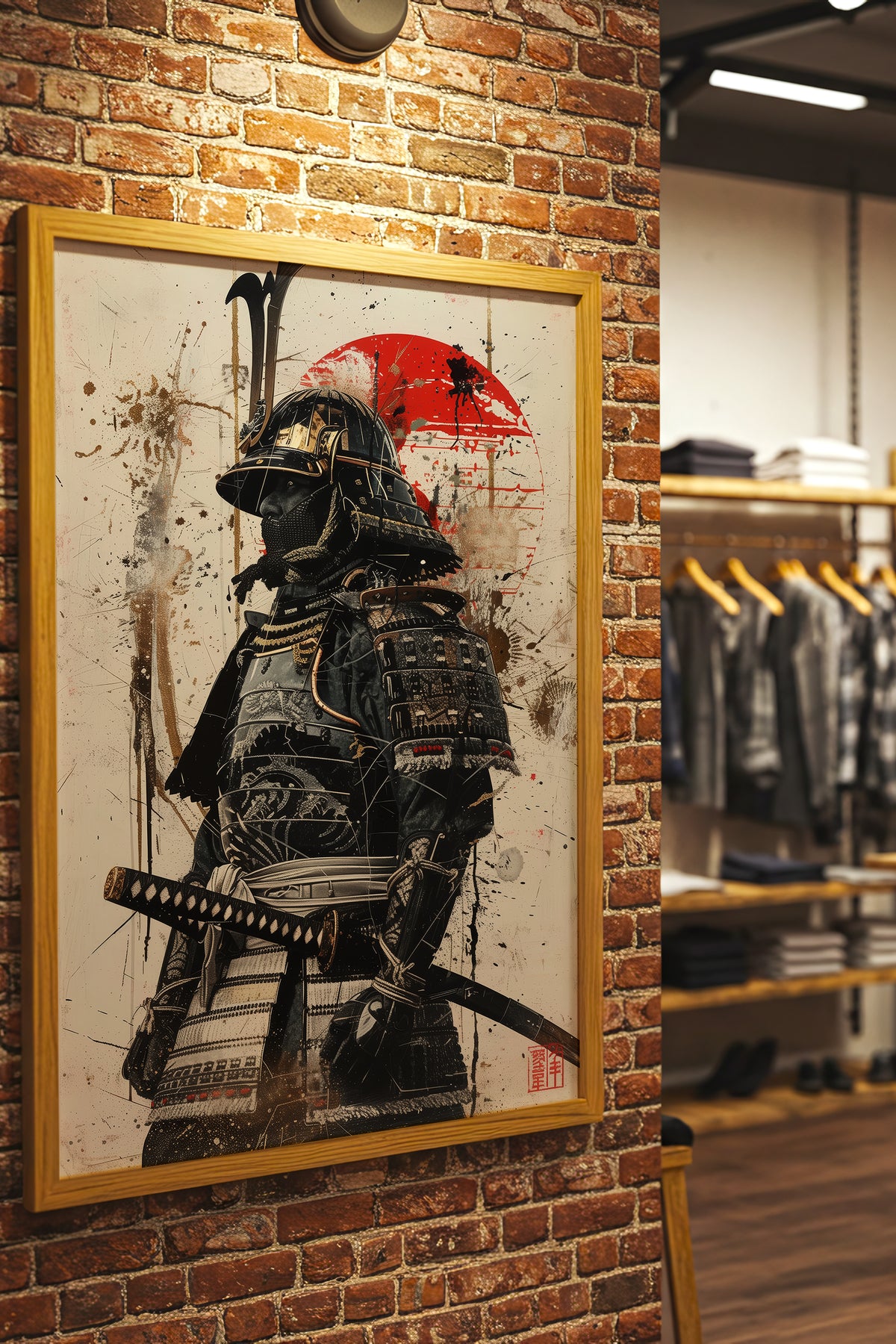 Red Sun Samurai Armor Print - Gold Splatter Wash Art | Samurai Legacy