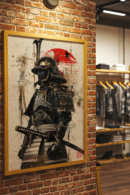 Red Sun Samurai Armor Print - Gold Splatter Wash Art | Samurai Legacy
