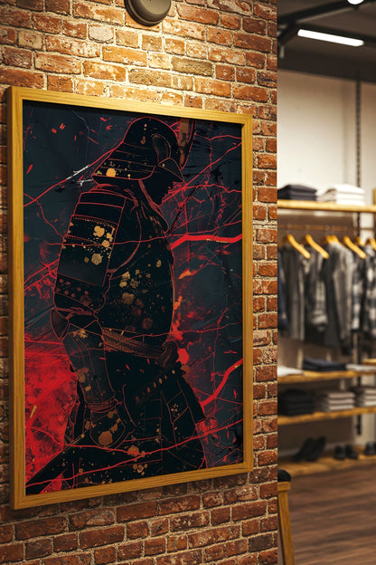 Crimson Line Samurai Armor Poster - Abstract Gold Print | Samurai Legacy