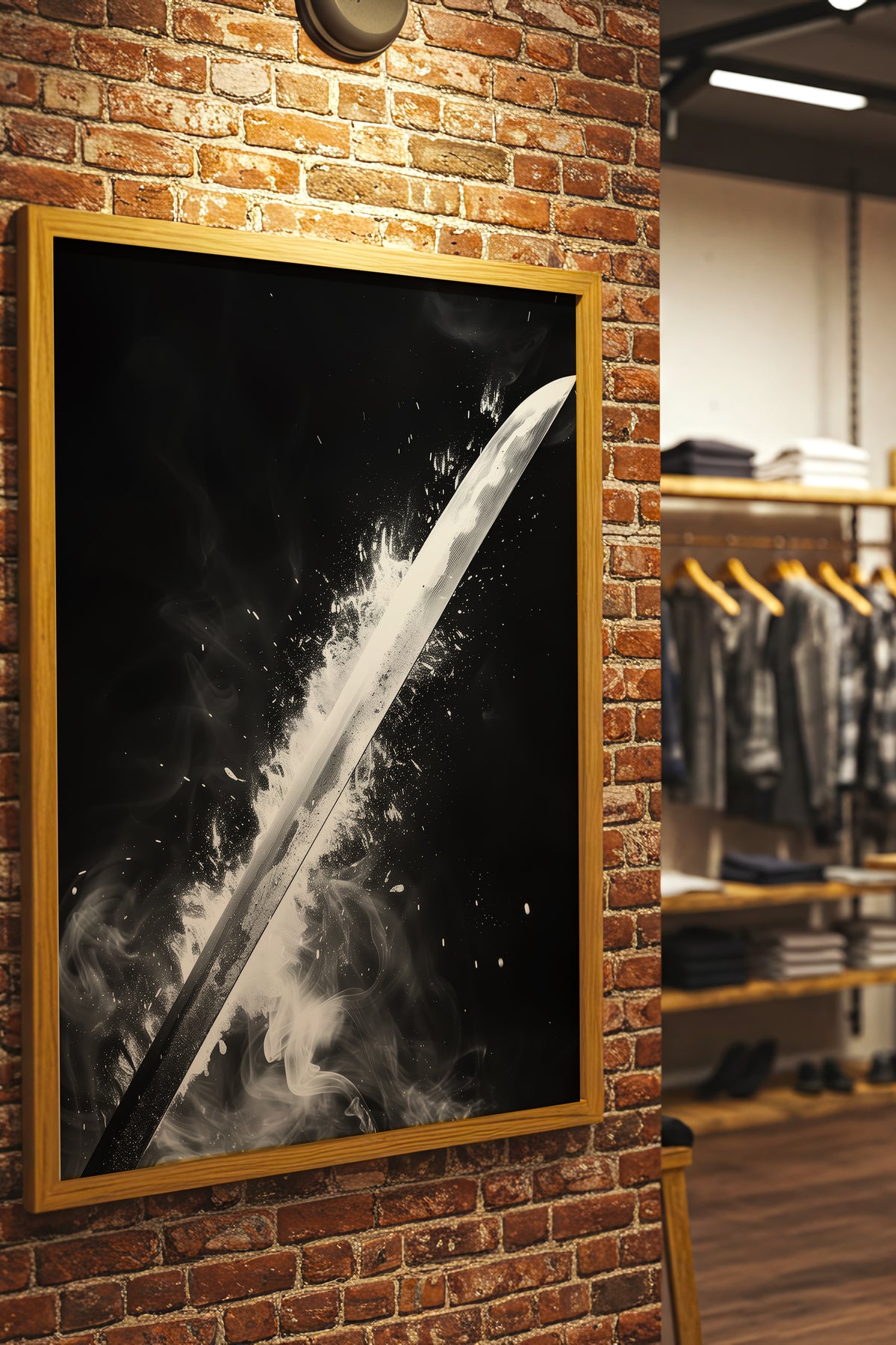 Glowing Katana Blade Print - Monochromatic Smoke Poster | Samurai Legacy