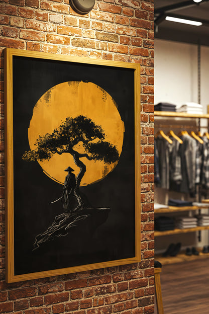 Lone Moonlit Samurai Bonsai Print - Abstract Gold & Black Zen Landscape | Samurai Legacy