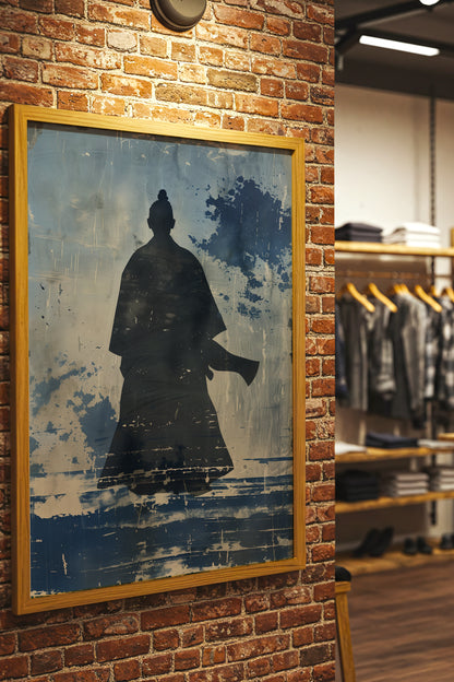 Lone Samurai Silhouette Print - Blue Ink Wabi-Sabi Art | Samurai Legacy