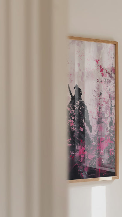Cherry Blossom Samurai Print - Impressionist Pink Sakura Poster | Samurai Legacy
