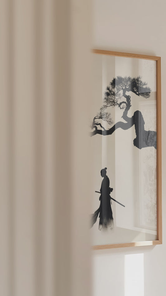 Pine Tree Samurai Art Print - Minimalist Ink Wash Poster | Samurai Legacy