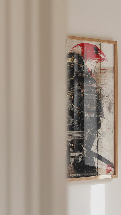 Red Sun Samurai Armor Print - Gold Splatter Wash Art | Samurai Legacy