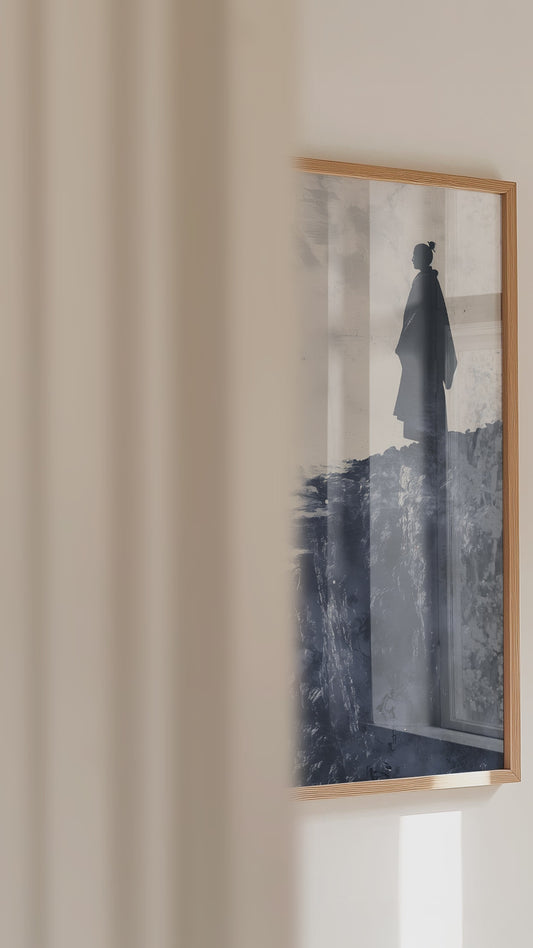 Cliffside Samurai Print - Slate Blue Ink Wash Poster | Samurai Legacy
