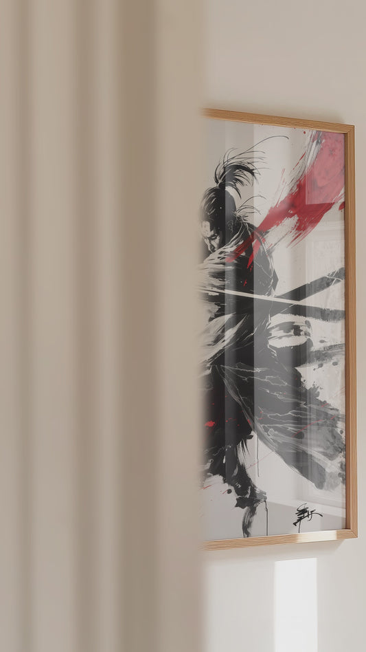 Crimson Arc Samurai Katana Print - Ink Wash Poster | Samurai Legacy