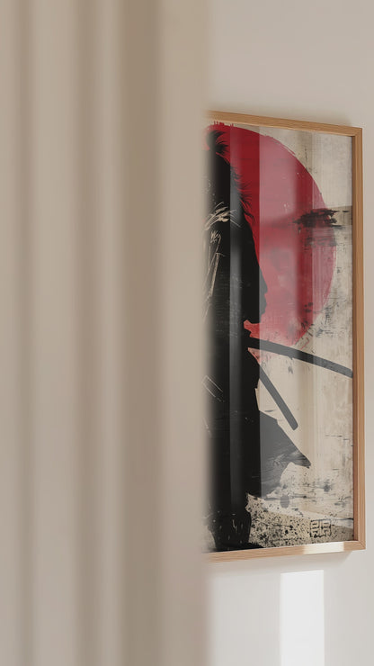 Red Sun Samurai Art Print - Vintage Sumi Ink Poster | Samurai Legacy