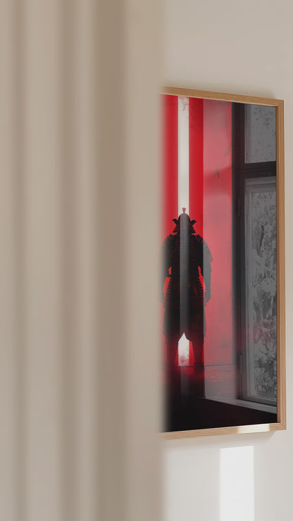 Red Portal Samurai Armor Print - Minimal Light Beam Art | Samurai Legacy