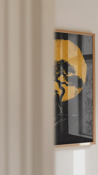 Lone Moonlit Samurai Bonsai Print - Abstract Gold & Black Zen Landscape | Samurai Legacy