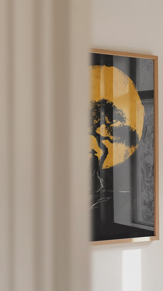 Lone Moonlit Samurai Bonsai Print - Abstract Gold & Black Zen Landscape | Samurai Legacy