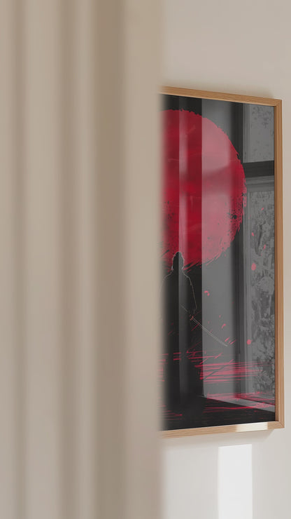 Crimson Moon Samurai Wall Art - Dark Minimalist Poster | Samurai Legacy