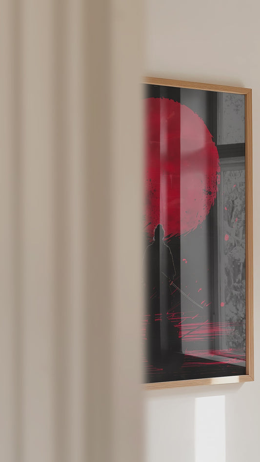 Crimson Moon Samurai Wall Art - Dark Minimalist Poster | Samurai Legacy