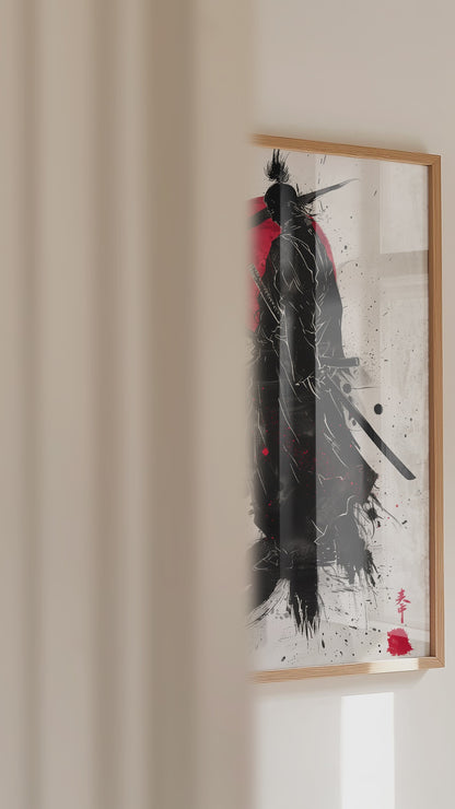 Crimson Sun Samurai Print - Dynamic Sumi Ink Poster | Samurai Legacy