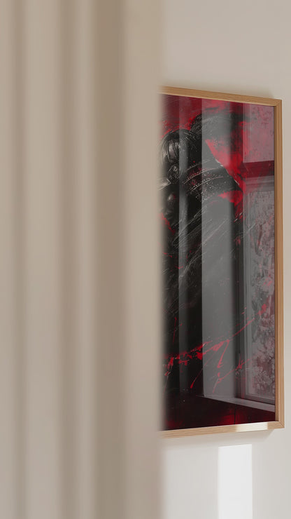 Crimson Samurai Helmet Profile Print - Dark Impasto Art | Samurai Legacy