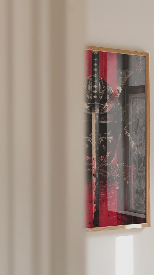 Crimson Katana Kabuto Poster - Graphic Samurai Print | Samurai Legacy