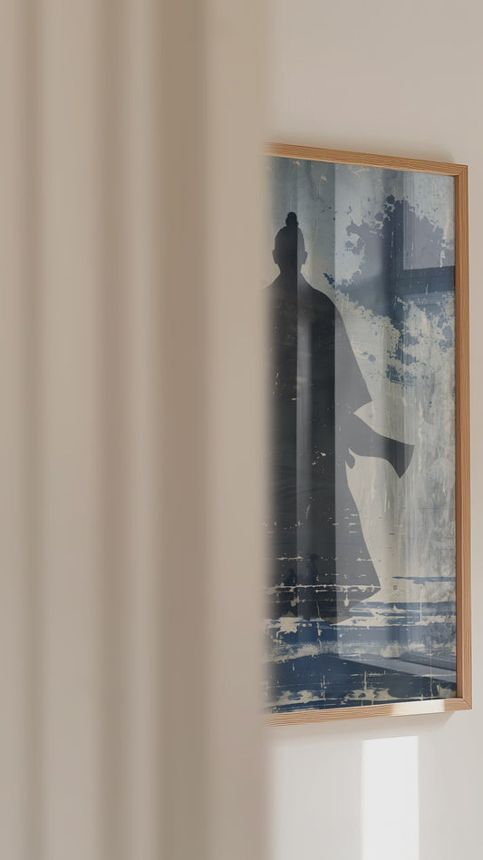 Lone Samurai Silhouette Print - Blue Ink Wabi-Sabi Art | Samurai Legacy
