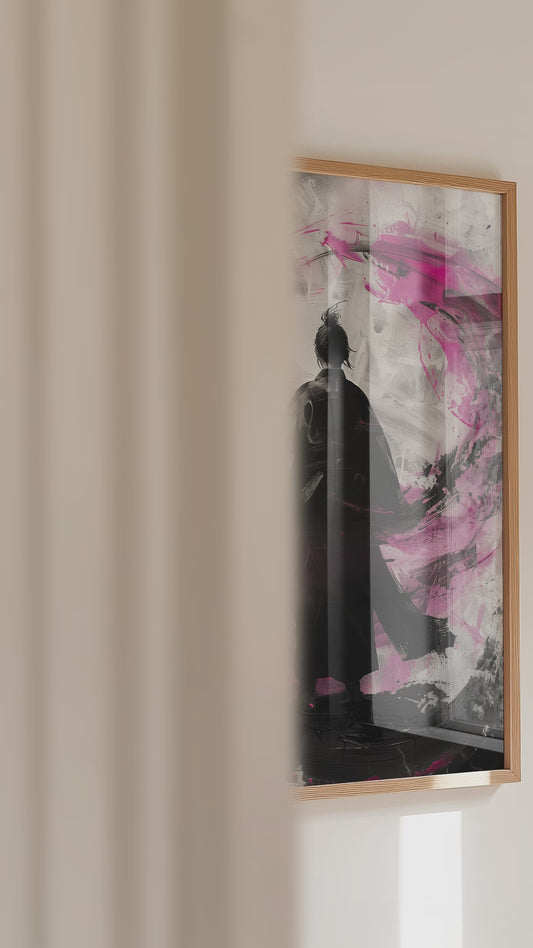 Silent Focus Lone Samurai Print - Expressionist Pink Ink Art | Samurai Legacy