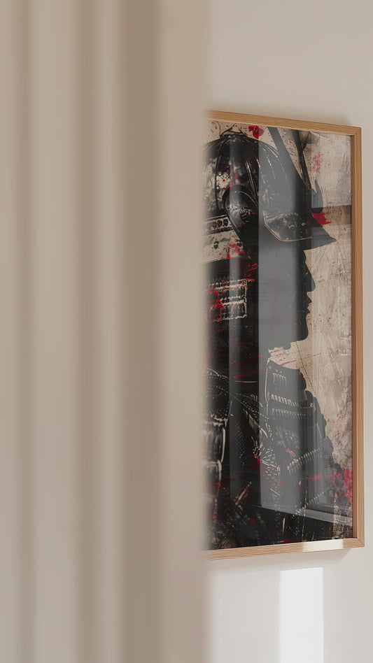 Crimson Splatter Kabuto Samurai Print - Vintage Art | Samurai Legacy
