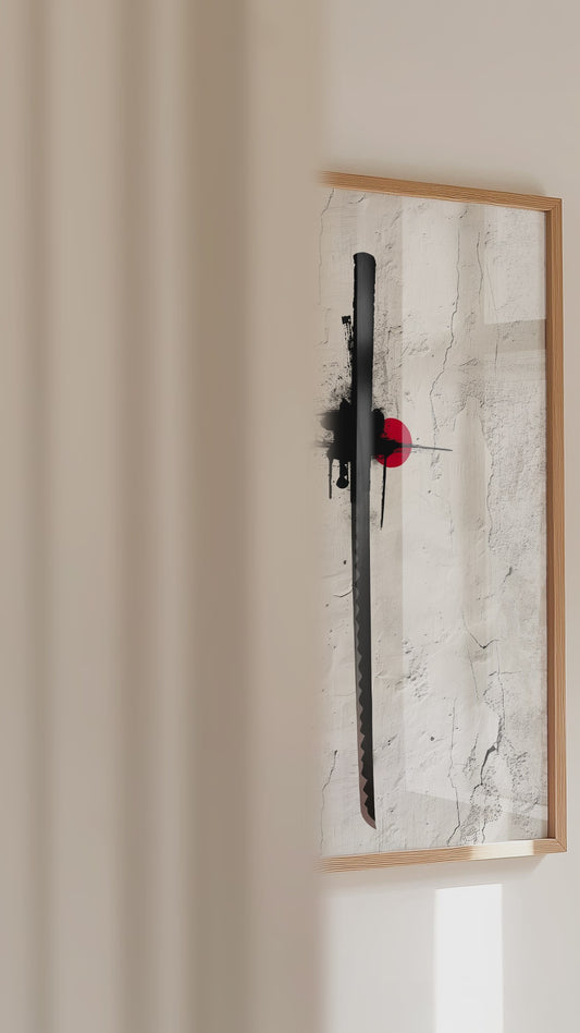 Katana Sword Red Sun Wall Art - Minimalist Ink Poster | Samurai Legacy